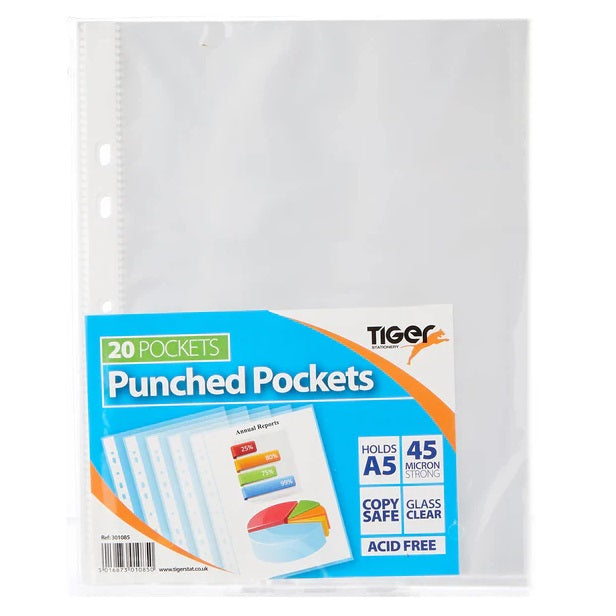 Tiger Stationery A5 Punched Pockets Clear Pack of 20 301085 | Holds A5 | 40 Micron Strong | Glass Clear | Copy Safe | Acid Free