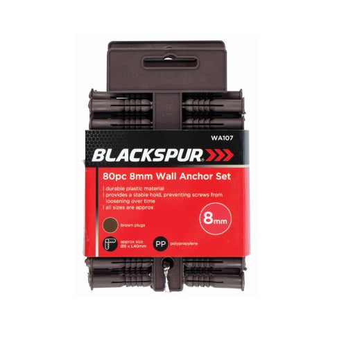 Blackspur Wall Anchor Set Brown 8mm 80-Piece WA107 | Durable Plastic Material | Provides a Stable Hold | Preventing Screws From Loosening Over Time | All Sizes are Approx
