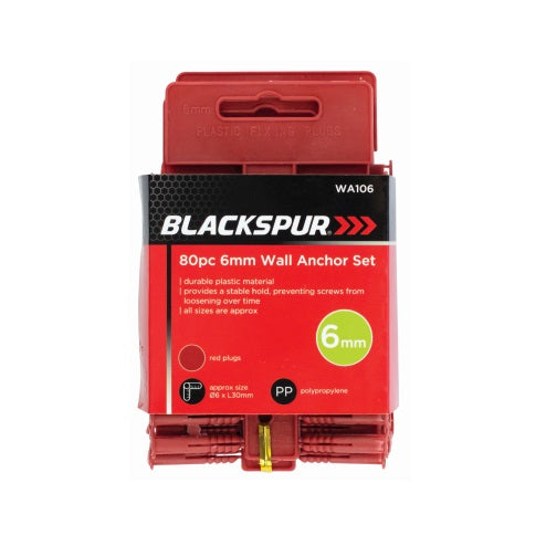 Blackspur Wall Anchor Set Red 6mm 80-Piece WA107 | Durable Plastic Material | Provides a Stable Hold | Preventing Screws From Loosening Over Time | All Sizes are Approx