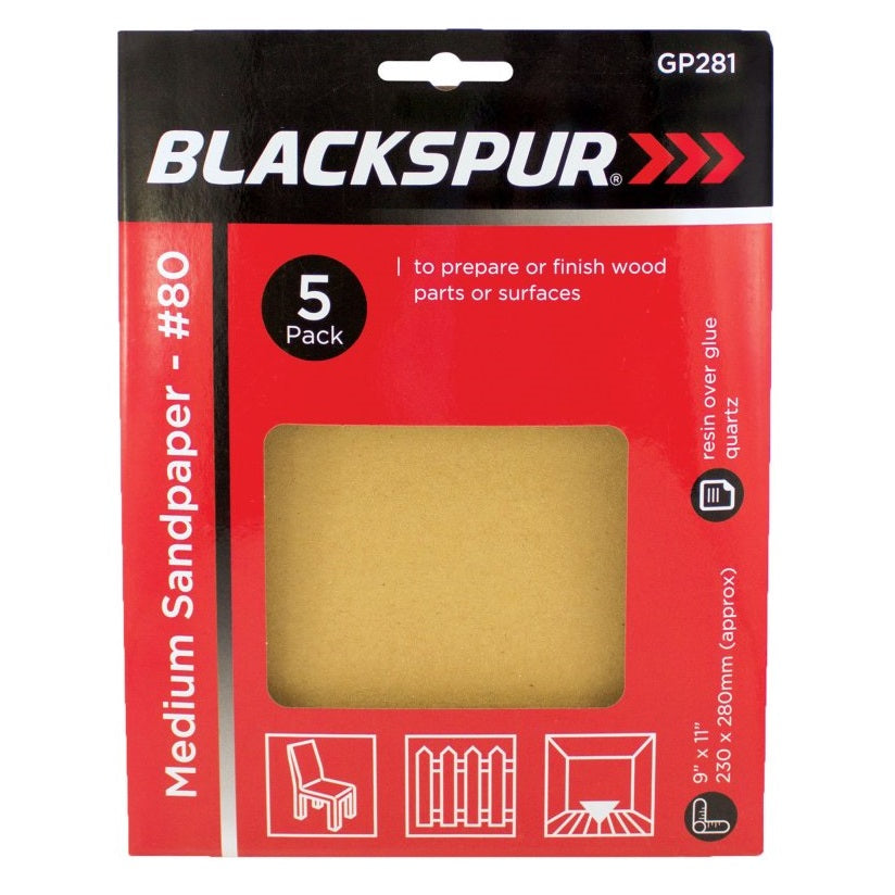 Blackspur 80 Grit Medium Sandpaper Beige 230mm x 280mm Pack of 5 GP281 | For General Decorating Use | For Sanding Down Bare Wood Filler and Semi Rough Surfaces