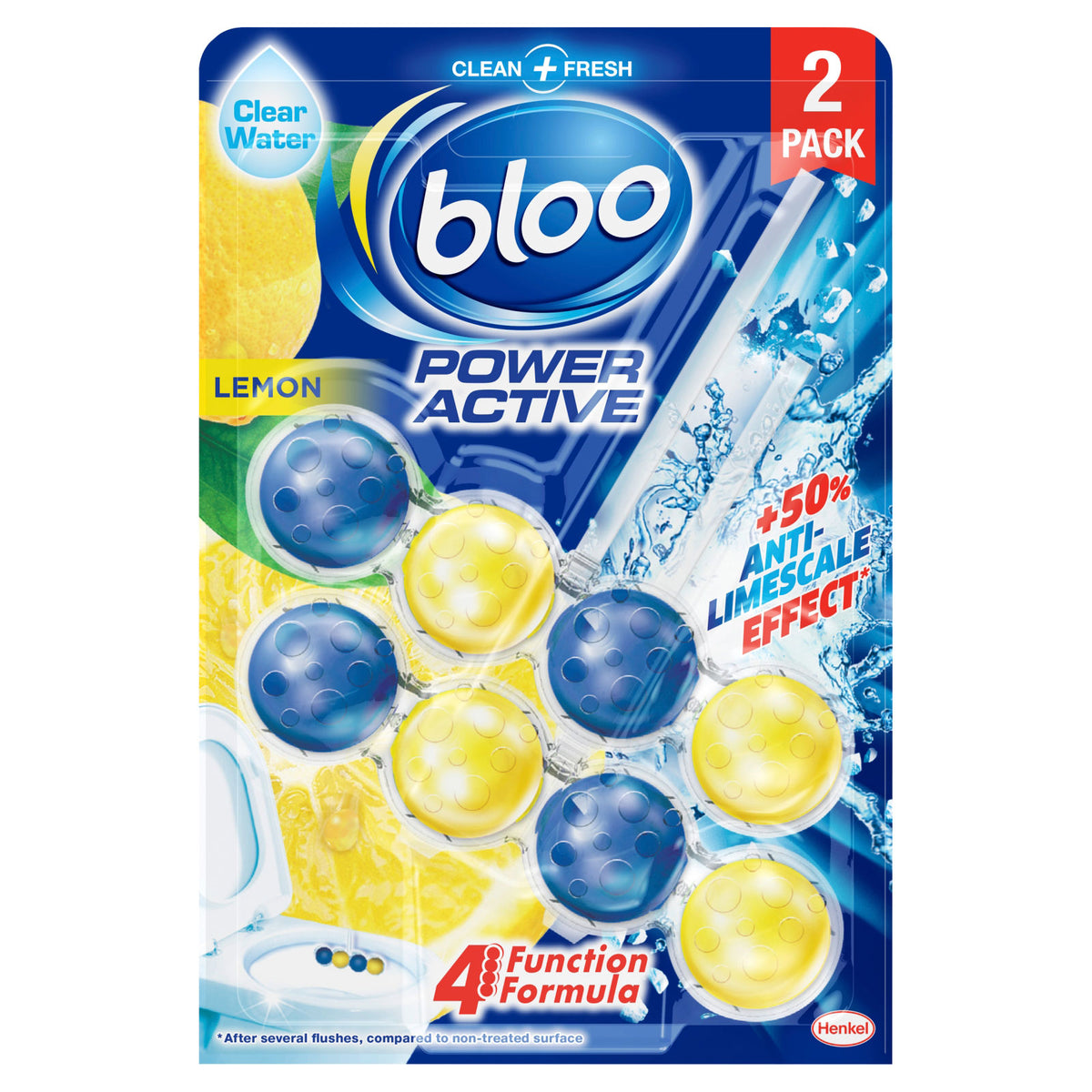 Henkel Bloo Power Active Lemon Toilet Rim Block Assorted Colours Twin Pack 11501 | 4 Function Formula