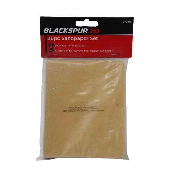 Blackspur Sandpaper Set Brown 140mm x 115mm Pack of 36 GP260 | Assorted Grits | Very Fine | Fine | Medium and Coarse | Multi-Purpose Sanding Sheets | For Wood-Metal and Paint