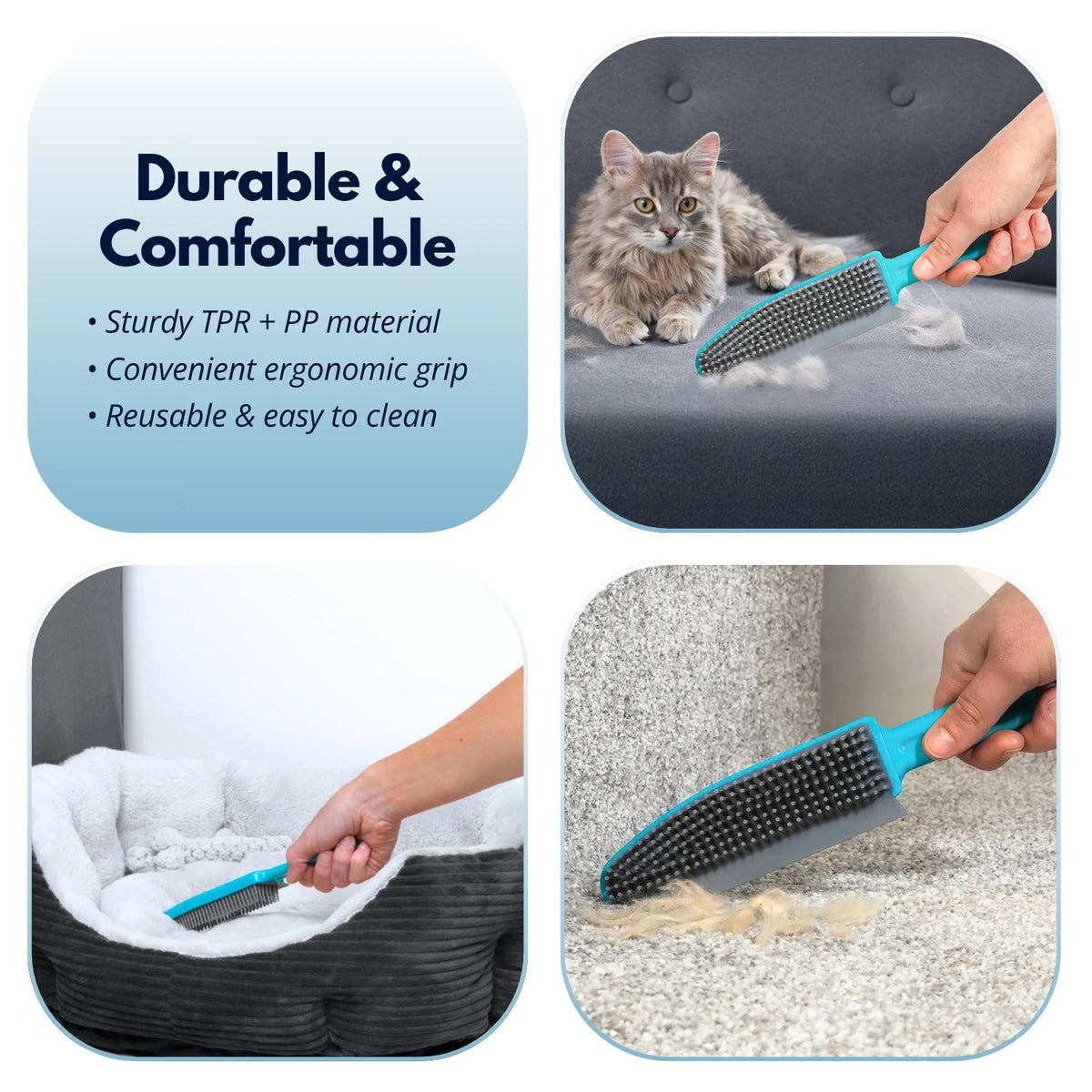 Ashley Housewares Rubber Pet Hair Brush with Squeegee Blade Blue 25cm x 5cm x 2.7cm DP106 | TPR and PP Material | Removes Pet Hair from Carpets-Rugs and Upholstery | Easy to Clean | 2 in 1 Brush | Non-Scratch Rubber Bristles | Used to Collect Hair | Use