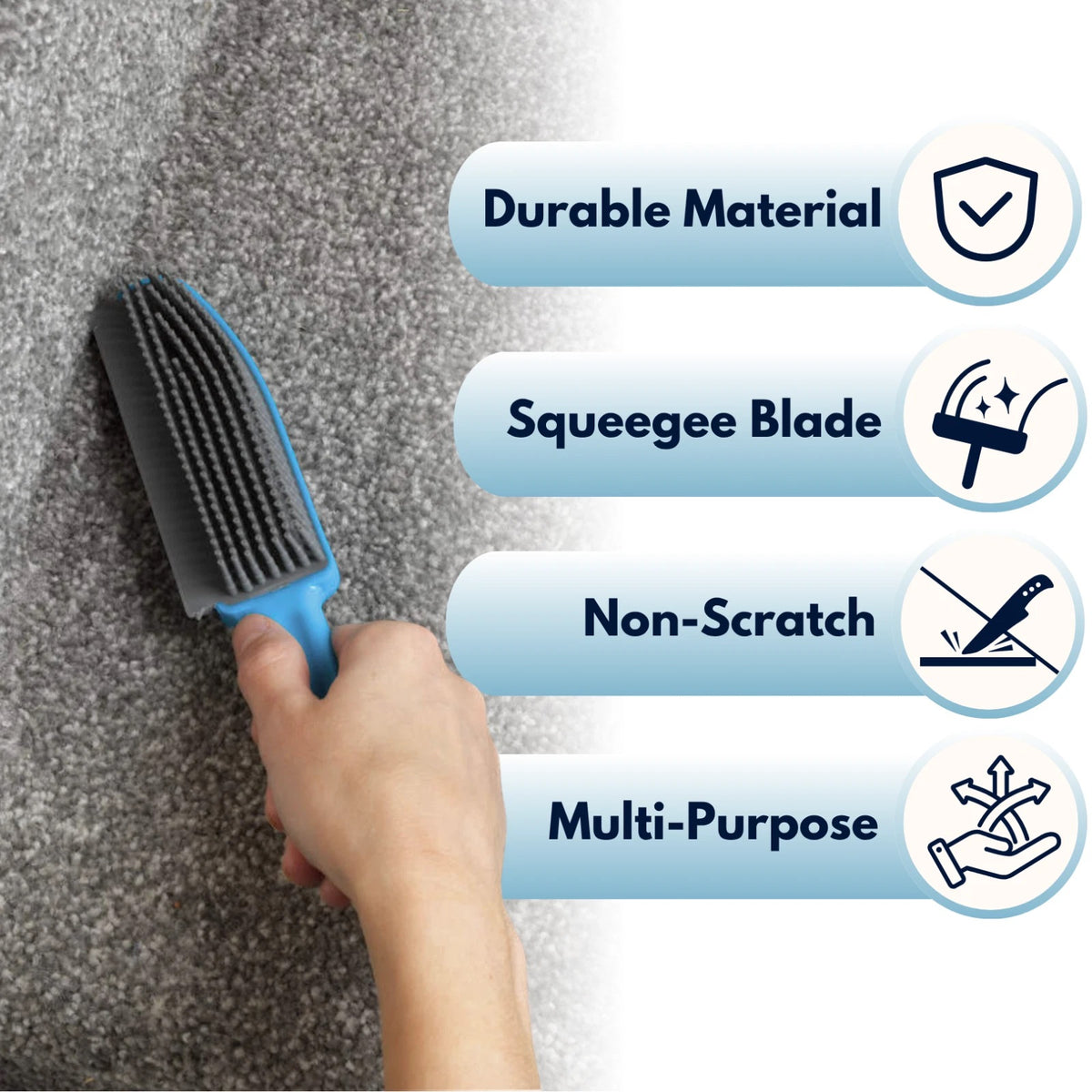 Ashley Housewares Rubber Pet Hair Brush with Squeegee Blade Blue 25cm x 5cm x 2.7cm DP106 | TPR and PP Material | Removes Pet Hair from Carpets-Rugs and Upholstery | Easy to Clean | 2 in 1 Brush | Non-Scratch Rubber Bristles | Used to Collect Hair | Use