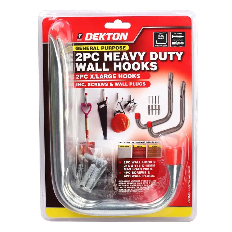 Dekton Heavy Duty Wall Hooks Chrome X Large 2-Piece DT70584 | 2-Piece Wall Hooks- 215mm x 145mm x 18mm | Maximum Load 20Kg | 4-Piece Screws and 4-Piece Wall Plugs