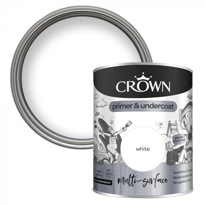 Crown Multi-Surface Primer and Undercoat Paint White 750ml 5096811 | Touch Dry in 30 Minutes | Blocks Stubborn Stains | For a Perfect Base