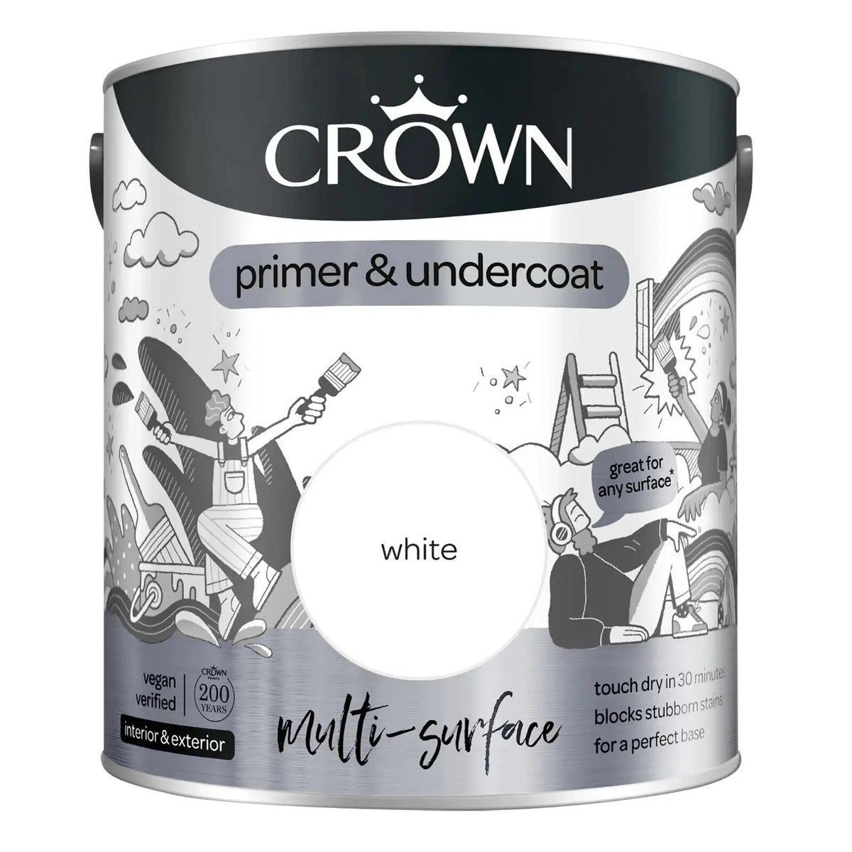 Crown Multi-Surface Primer and Undercoat Paint White 750ml 5096811 | Touch Dry in 30 Minutes | Blocks Stubborn Stains | For a Perfect Base