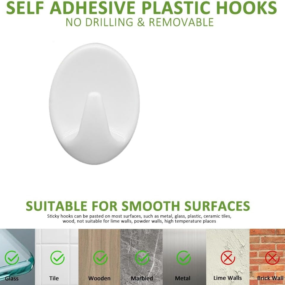 Ashley Housewares Self Adhesive Hook White 2.5cm x 1.7cm Pack of 9 HA145 | Strong Plastic Wall Hooks | Easy to Attach and Remove | No Tools Required | Reusable with Adhesive Tape | Ideal for Home and Office Use | Will Not Damage Adhered Surface | Leaves