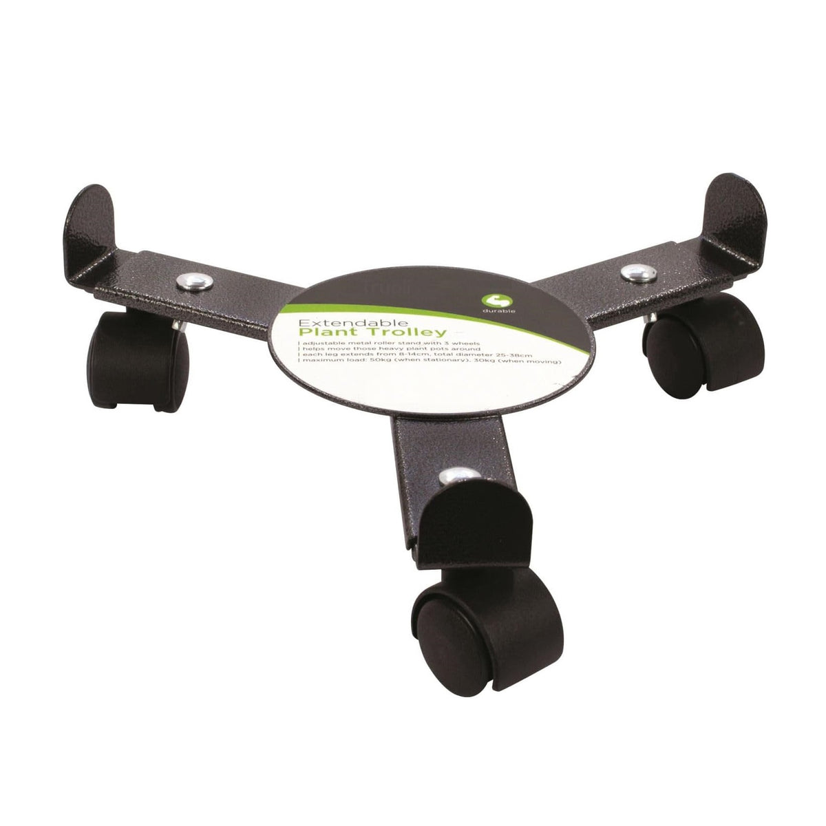 Green Blade Extendable Plant Trolley Black PP139 | Adjustable Metal Roller Stand with 3 Wheels | Fits Pots Diameter 25â€“38cm | Easy Mobility for Heavy Plant Pots | Maximum Load 50kg Stationary-30kg Moving | Leg Extends from 8-14cm | Durable
