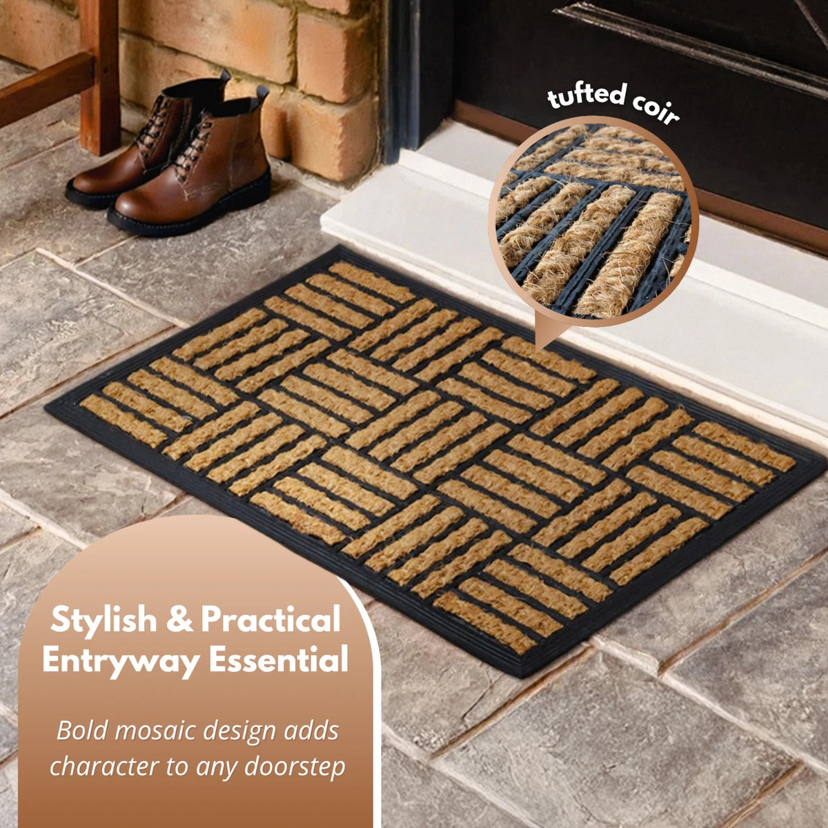 Ashley Housewares Mosaic Coco Rubber Door Mat Black and Brown 60cm x 40cm DM151