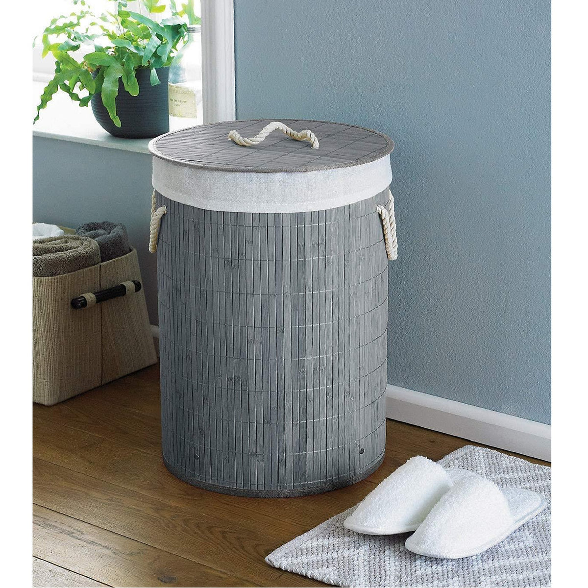 Country Club Round Bamboo Laundry Basket Grey 35cm x 35cm x 50cm LAU192159 | Made from Natural Bamboo | Eco Friendly