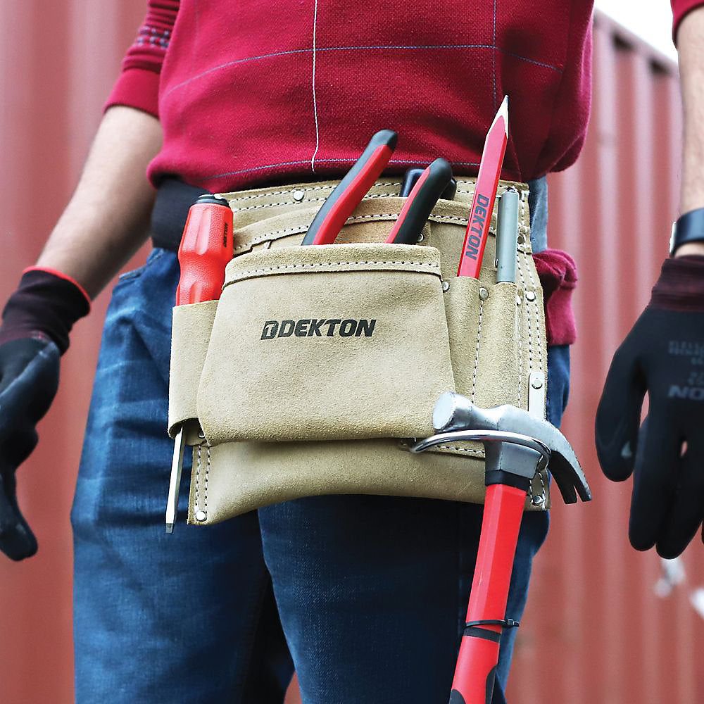 Dekton Leather 5 Pocket Tool Belt Camel DT50184 | Premium Leather | Adjustable Fit | Spacious 2 Pockets | Heavy Duty | Lightweight and Multi-Functional