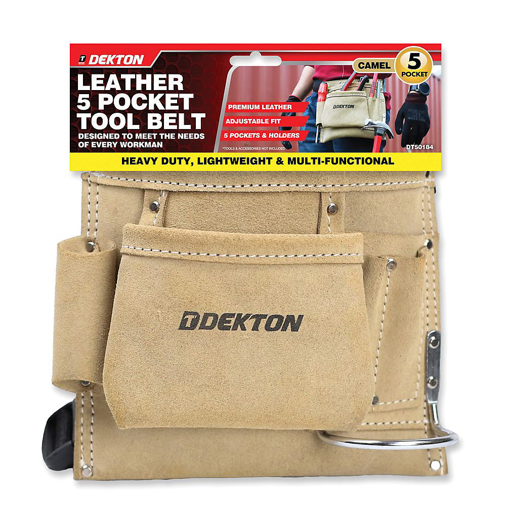 Dekton Leather 5 Pocket Tool Belt Camel DT50184 | Premium Leather | Adjustable Fit | Spacious 2 Pockets | Heavy Duty | Lightweight and Multi-Functional