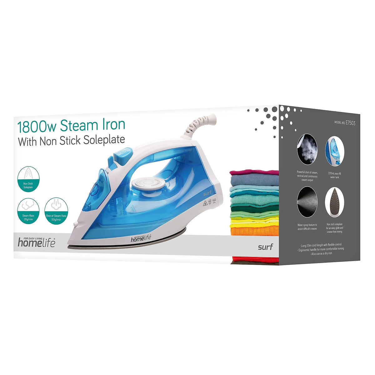 Homelife Surf 1800W Steam Iron with Non Stick Soleplate White and Blue E7503 | Powerful Shot of Steam Vertical and Continuous Steam Output | 220ml Easy Fill Water Tank | Water Spray Features to Assist Difficult Creases | Non Stick Soleplate For an Easy