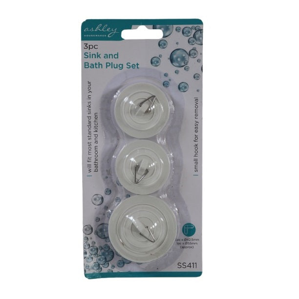 Ashley Housewares Sink and Bath Plug White Pack of 3 SS411 | Includes 2 x 42.5mm and 1 x 55mm Plugs | Fits Most Standard Kitchen and Bathroom Sinks | Small Hook for Easy Removal