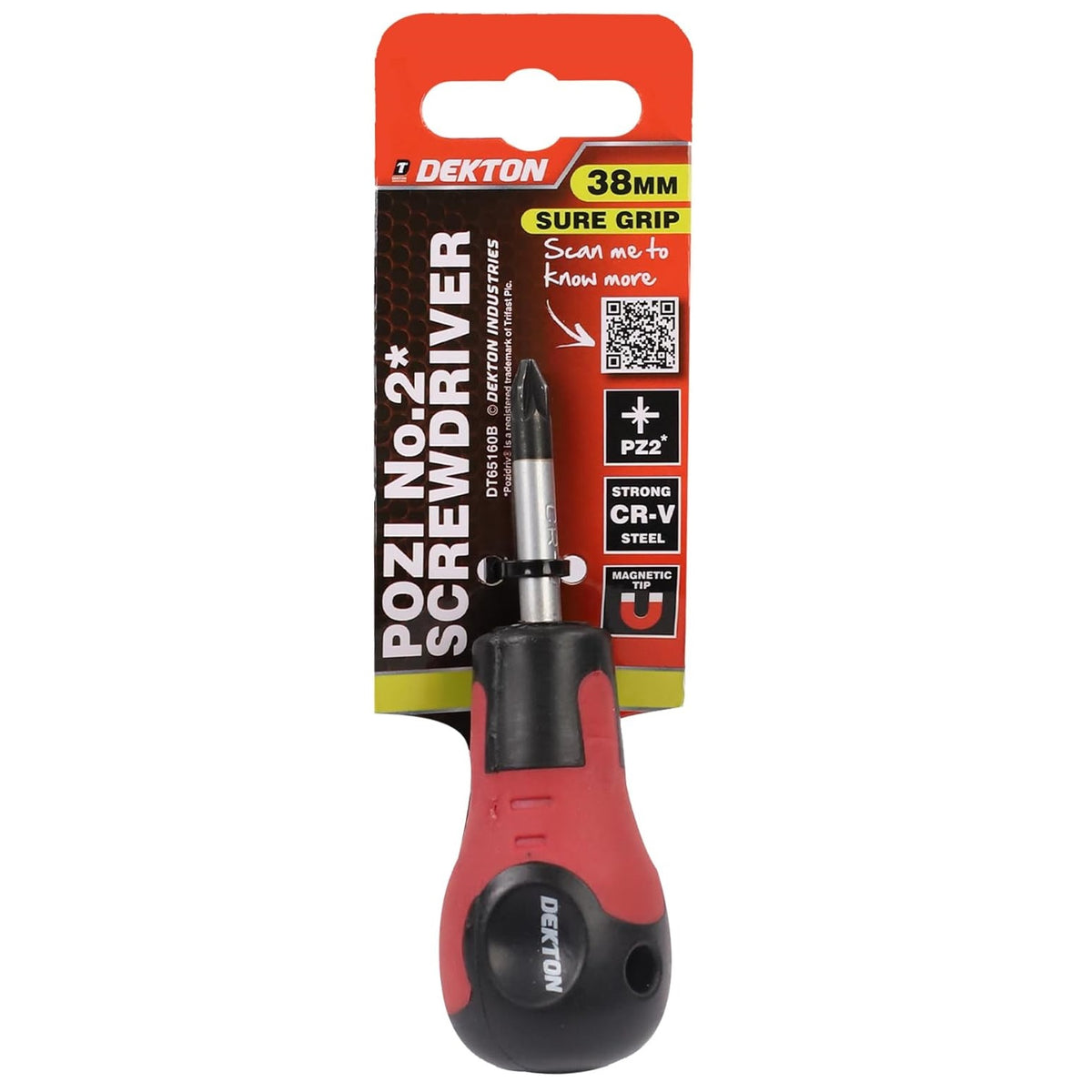 Dekton Pozi Number 2 Sure Grip Screwdriver Red and Black 38mm DT65160B | Strong CR-V Steel | Magnetic Tip