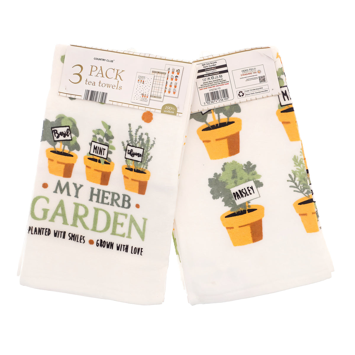 Country Club Herb Green Velour Tea Towels Multicolour 40cm x x 64cm Pack of 3 KTS236112 | 100 Percent Cotton