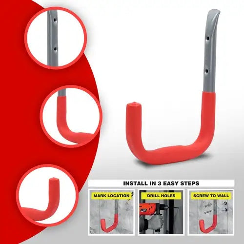 Dekton Heavy Duty Anti Slip Wall Hook Set Red and Grey Assorted Sizes Pack of 4 DT70580 | 2-Piece X-Large Hooks | 2-Piece Regular Hooks