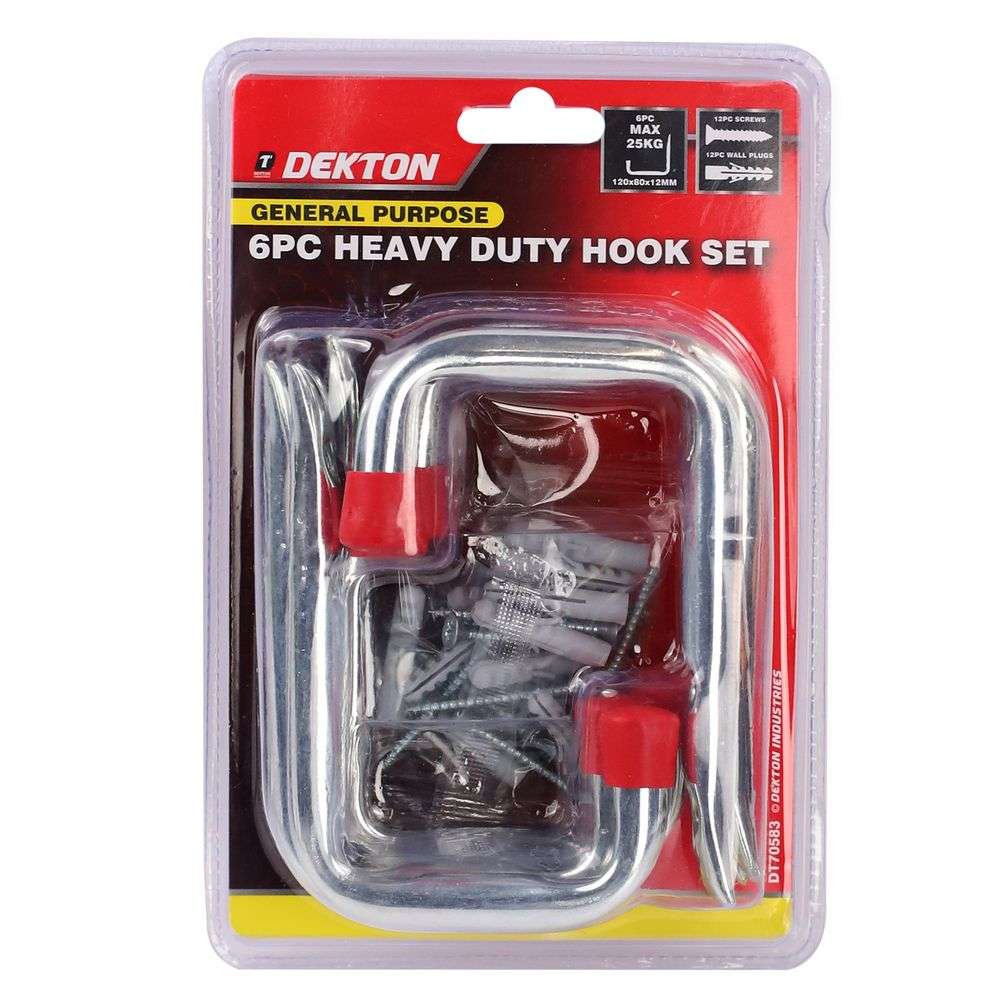 Dekton General Purpose Heavy Duty Hook Set Chrome 120mm x 80mm x 12mm 6-Piece DT70583