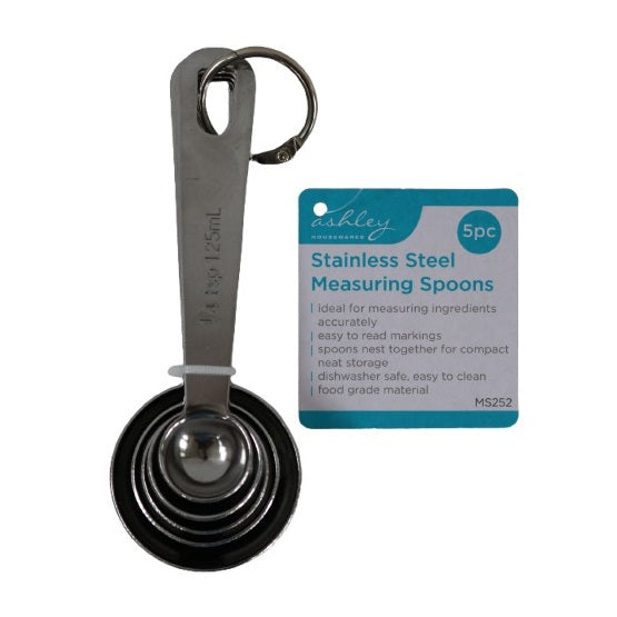 Ashley Housewares Stainless Steel Measuring Spoons Chrome Pack of 5 MS252 | Accurate Measurement with Easy Read Markings | Nesting Design for Compact Storage | Food Grade-Dishwasher Safe | Easy to Clean