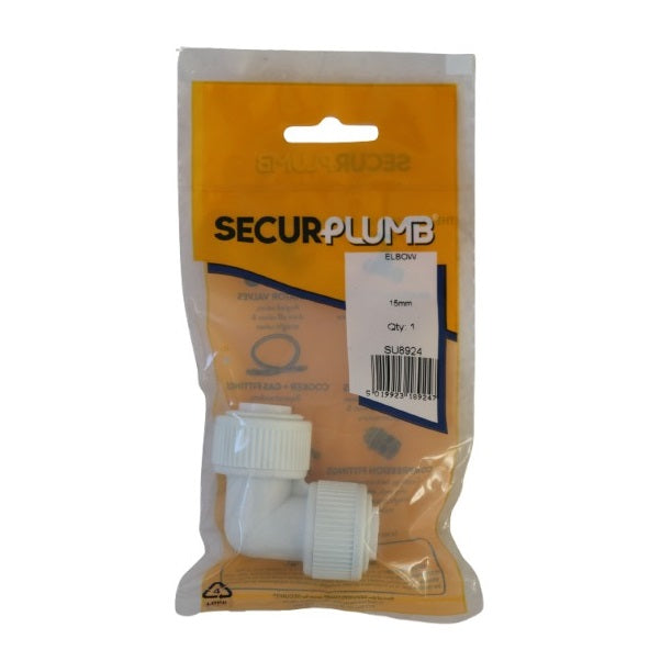 SecurPlumb Push Fit Elbow Connector White 15mm SU8924 | Plumbing Fitting for Secure Pipe Connections | For Drinking Water | For Water Systems | For Hard and Soft Water Areas