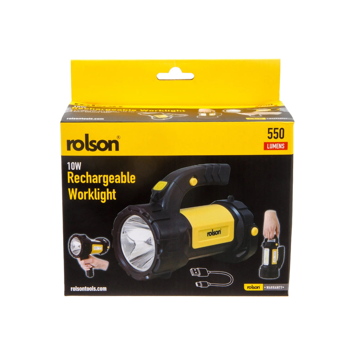 Rolson 550 Lumens Rechargeable Worklight Yellow and Black 178mm x 137mm x 95mm 61489 | 10W | LED and COB Light | 500Mtr Beam Distance | Rotating Handle with USB Type-C Charging | Portable Spotlight with Shoulder Strap | Carry Handle | Battery Indicator