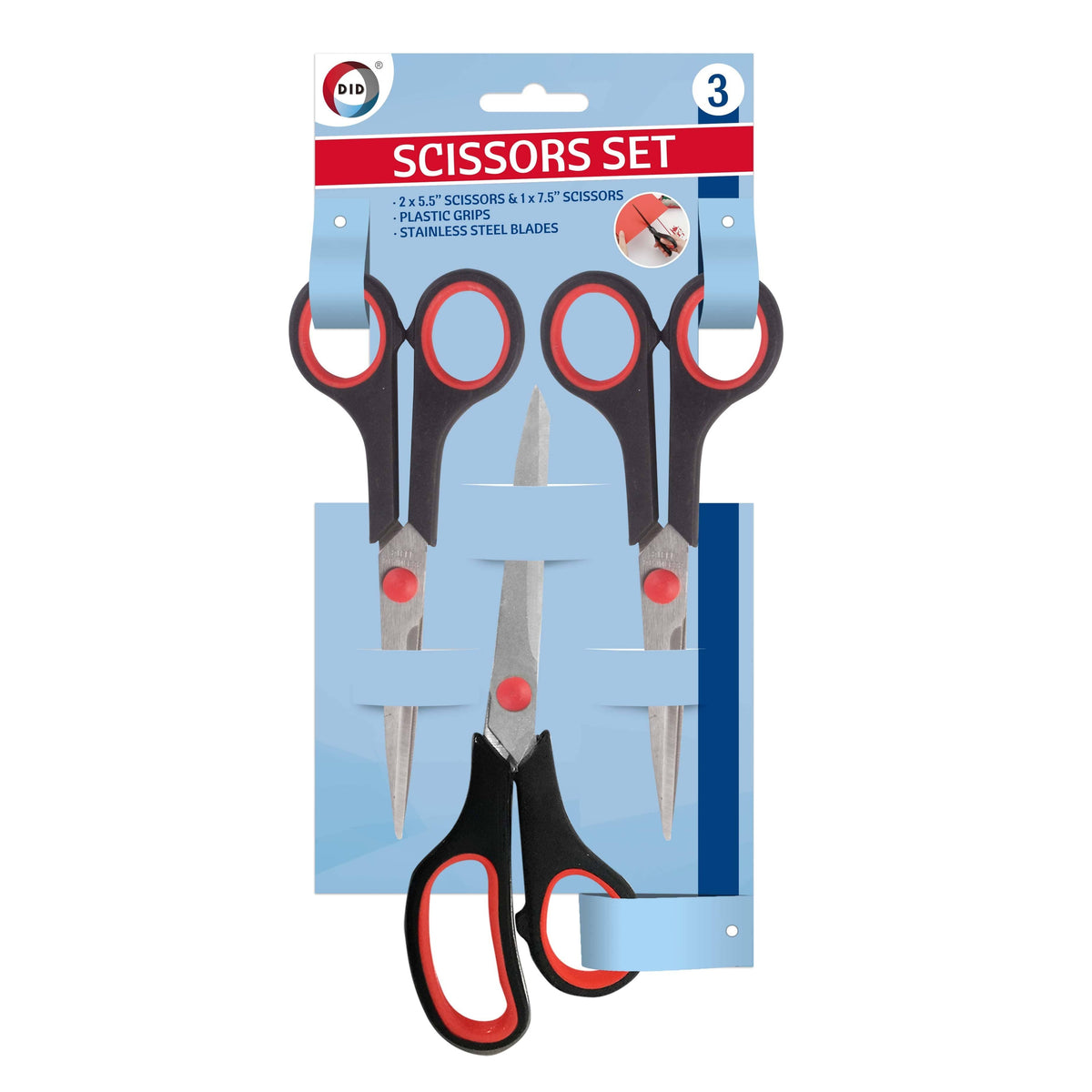 DID Scissors Black and Red Pack of 3 HH2672 | Includes 2 x 5.5-Inch Scissors and 1 x 7.5-Inch Scissors | Stainless Steel Blades | With Plastic Grip Handles | Multi-Purpose for Home-Office and School