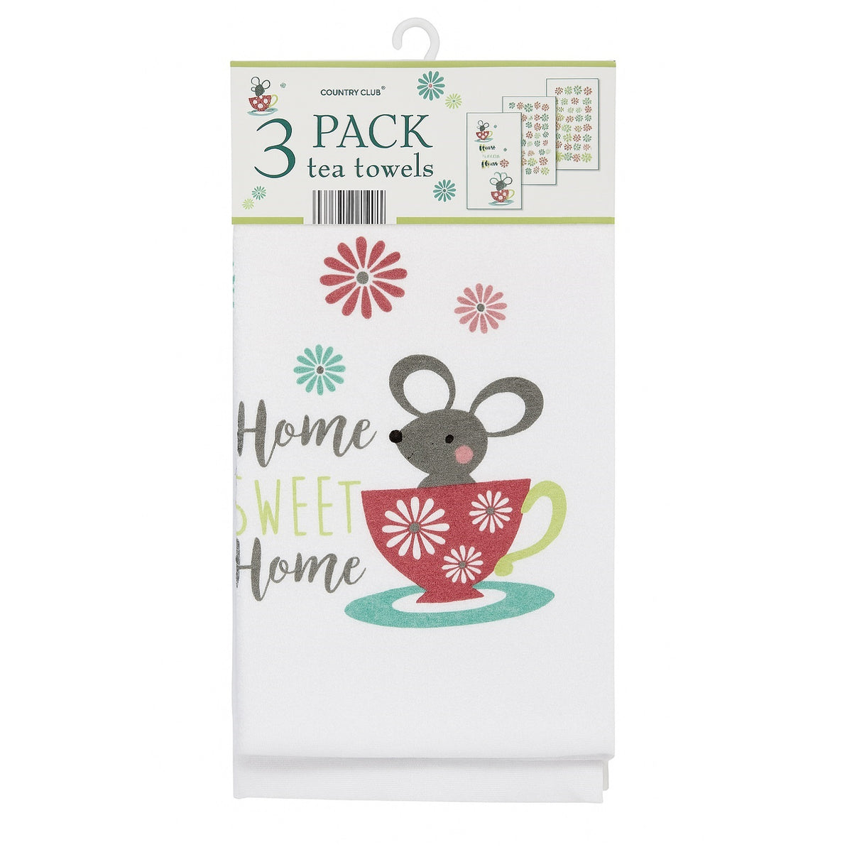 Country Club Home Sweet Home Daisy Velour Tea Towels Multicolour 36cm x 60cm Pack of 3 KTS225123