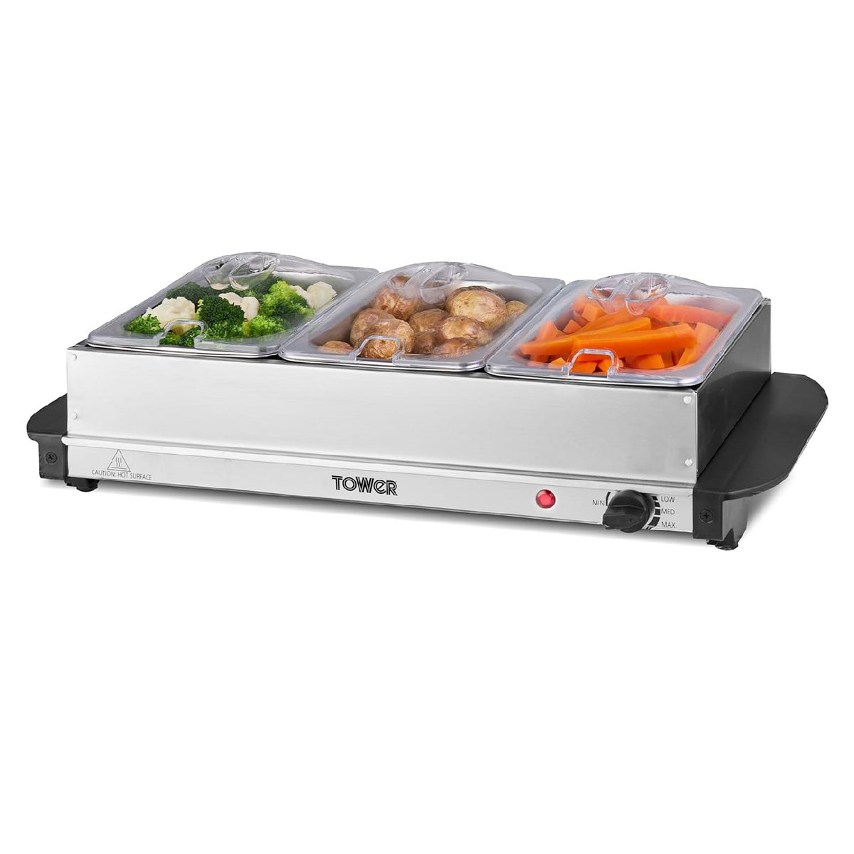 Tower 3 Tray Buffet Server and Plate Warmer Silver H14.5cm x W52.5cm x D26.5cm 4.5Ltr T16150 | 3 Removable Serving Trays | Adjustable Heat Control - Suitable for All Cuisines | Plate Warming Function - Keeps Food Hotter for Longer