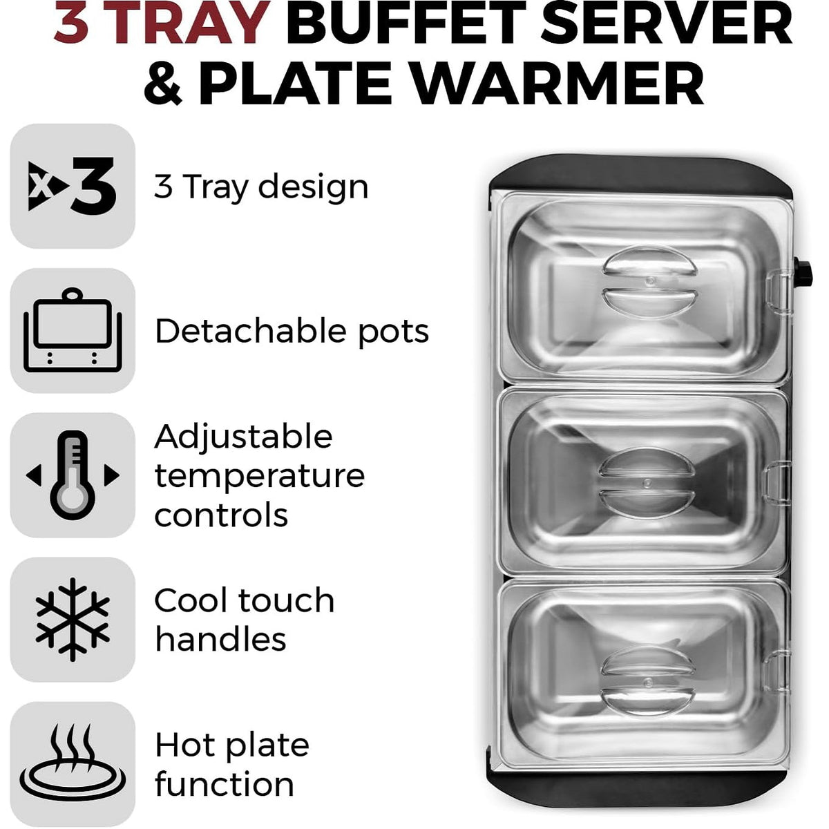 Tower 3 Tray Buffet Server and Plate Warmer Silver H14.5cm x W52.5cm x D26.5cm 4.5Ltr T16150 | 3 Removable Serving Trays | Adjustable Heat Control - Suitable for All Cuisines | Plate Warming Function - Keeps Food Hotter for Longer