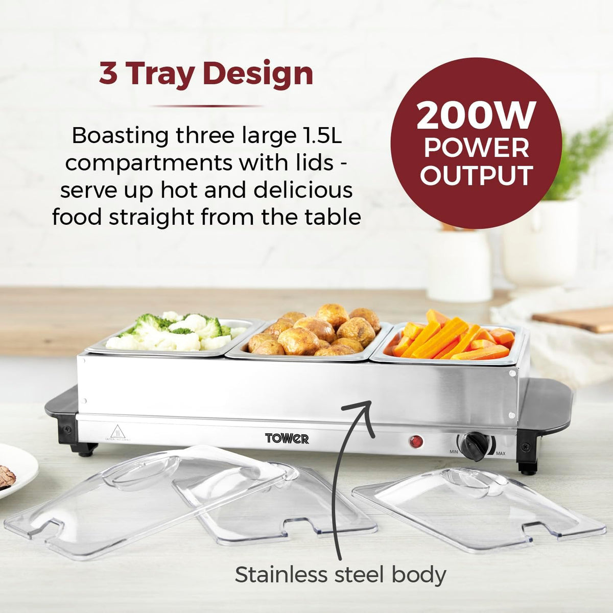Tower 3 Tray Buffet Server and Plate Warmer Silver H14.5cm x W52.5cm x D26.5cm 4.5Ltr T16150 | 3 Removable Serving Trays | Adjustable Heat Control - Suitable for All Cuisines | Plate Warming Function - Keeps Food Hotter for Longer