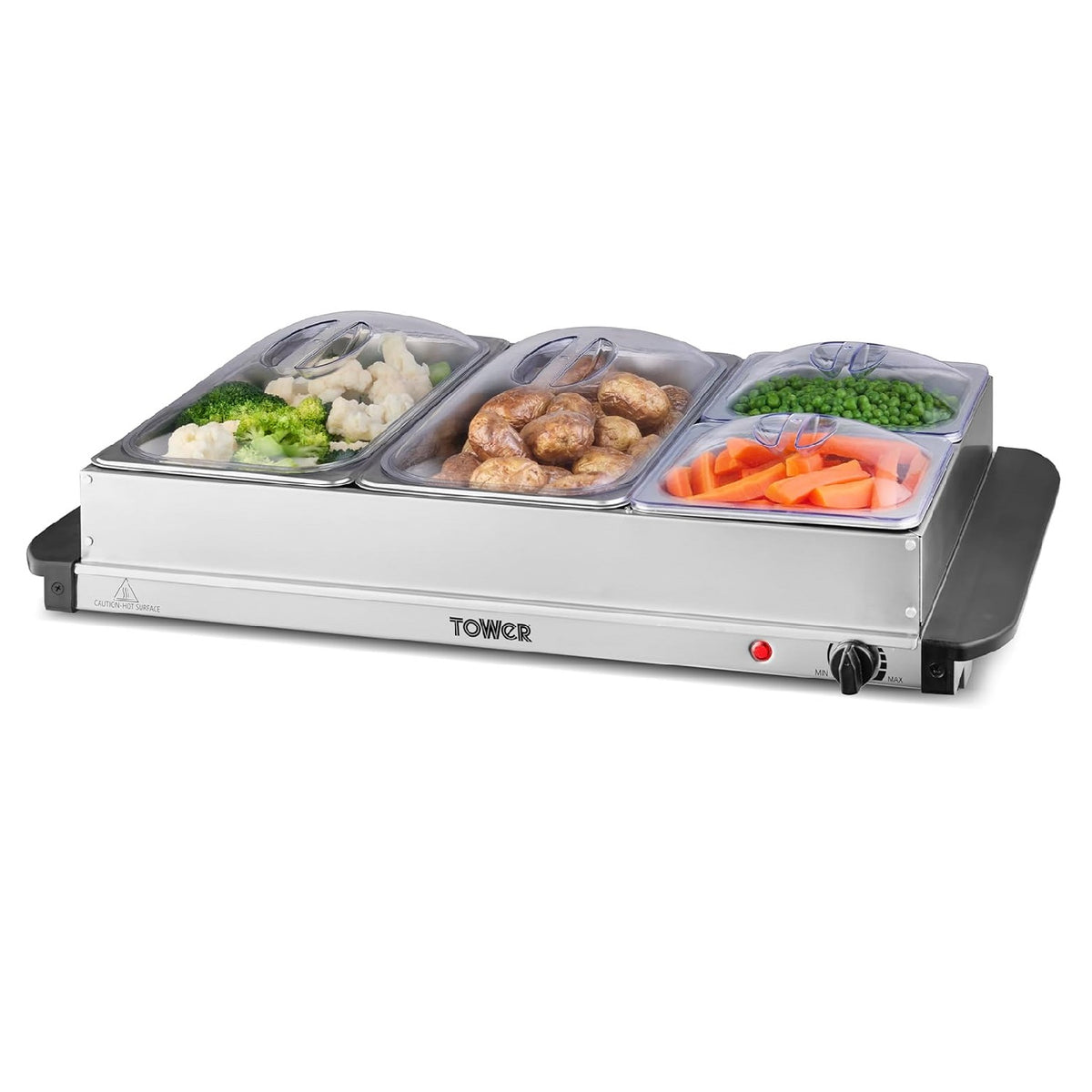 Tower 4 Tray Buffet Server and Plate Warmer Silver H15.5cm x W62.5cm x D36.5cm 7.4Ltr T16151 | 3 Removable Serving Trays | Adjustable Heat Control - Suitable for All Cuisines | Plate Warming Function - Keeps Food Hotter for Longer