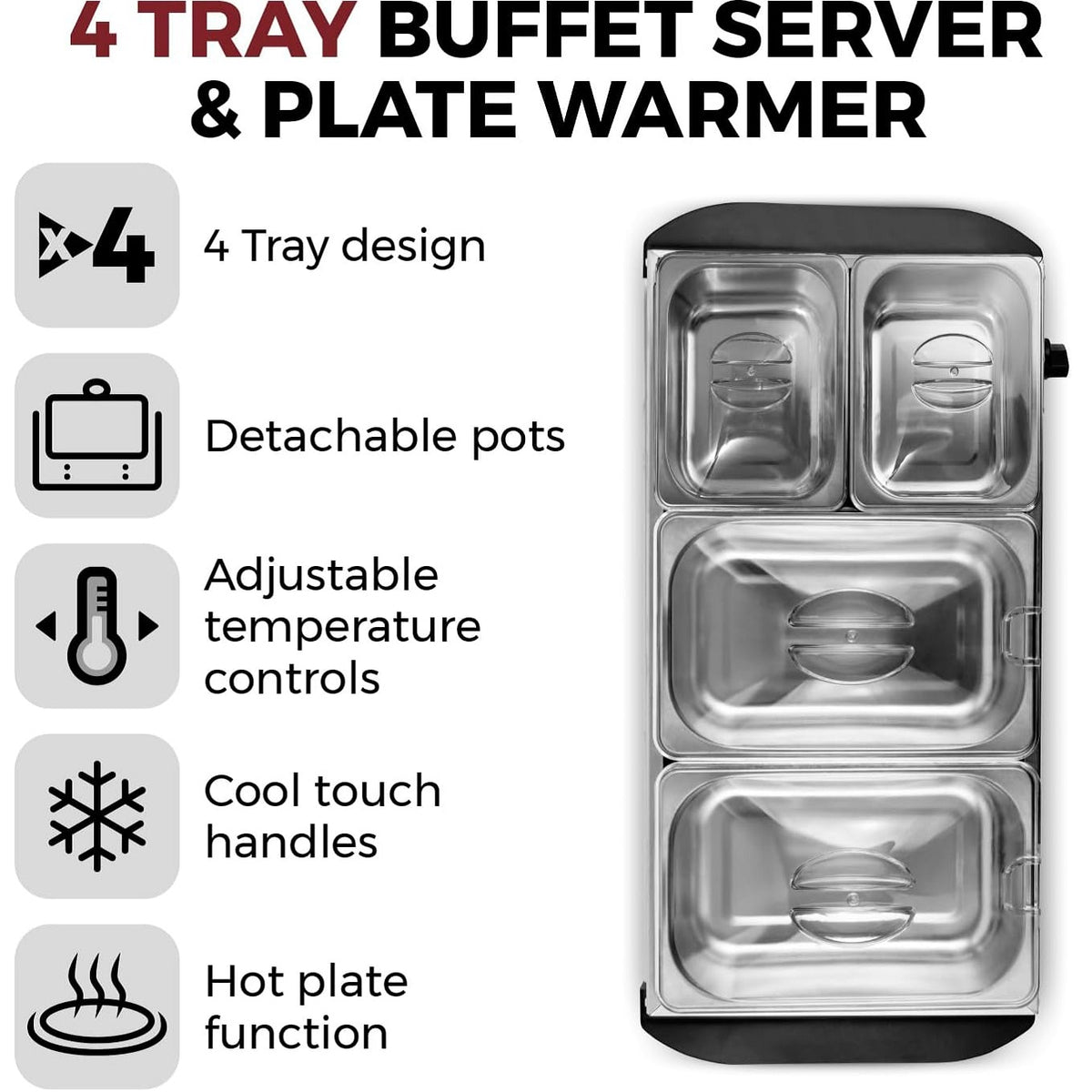 Tower 4 Tray Buffet Server and Plate Warmer Silver H15.5cm x W62.5cm x D36.5cm 7.4Ltr T16151 | 3 Removable Serving Trays | Adjustable Heat Control - Suitable for All Cuisines | Plate Warming Function - Keeps Food Hotter for Longer