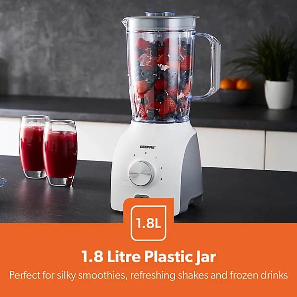 Geepas 2-in-1 Jug Blender and Grinder White 1.8Ltr GSB44109UK-WT | 3 Speed Control with Pulse Function | Stainless Steel Blades