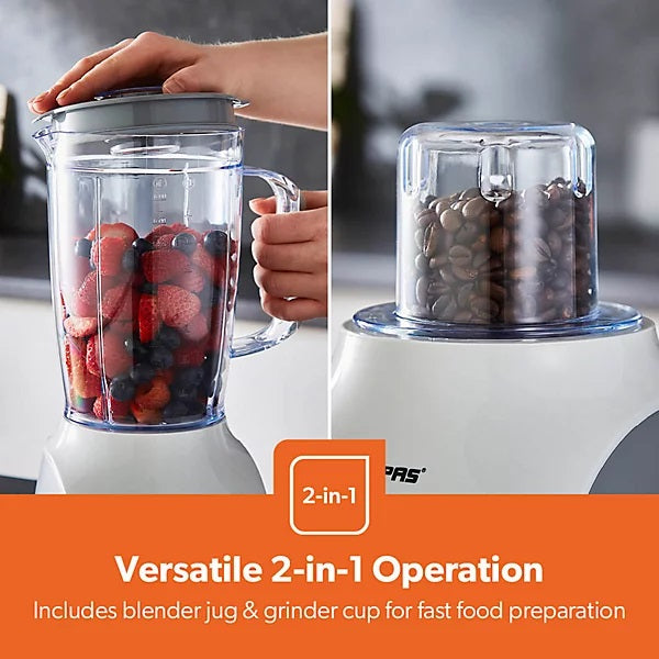 Geepas 2-in-1 Jug Blender and Grinder White 1.8Ltr GSB44109UK-WT | 3 Speed Control with Pulse Function | Stainless Steel Blades