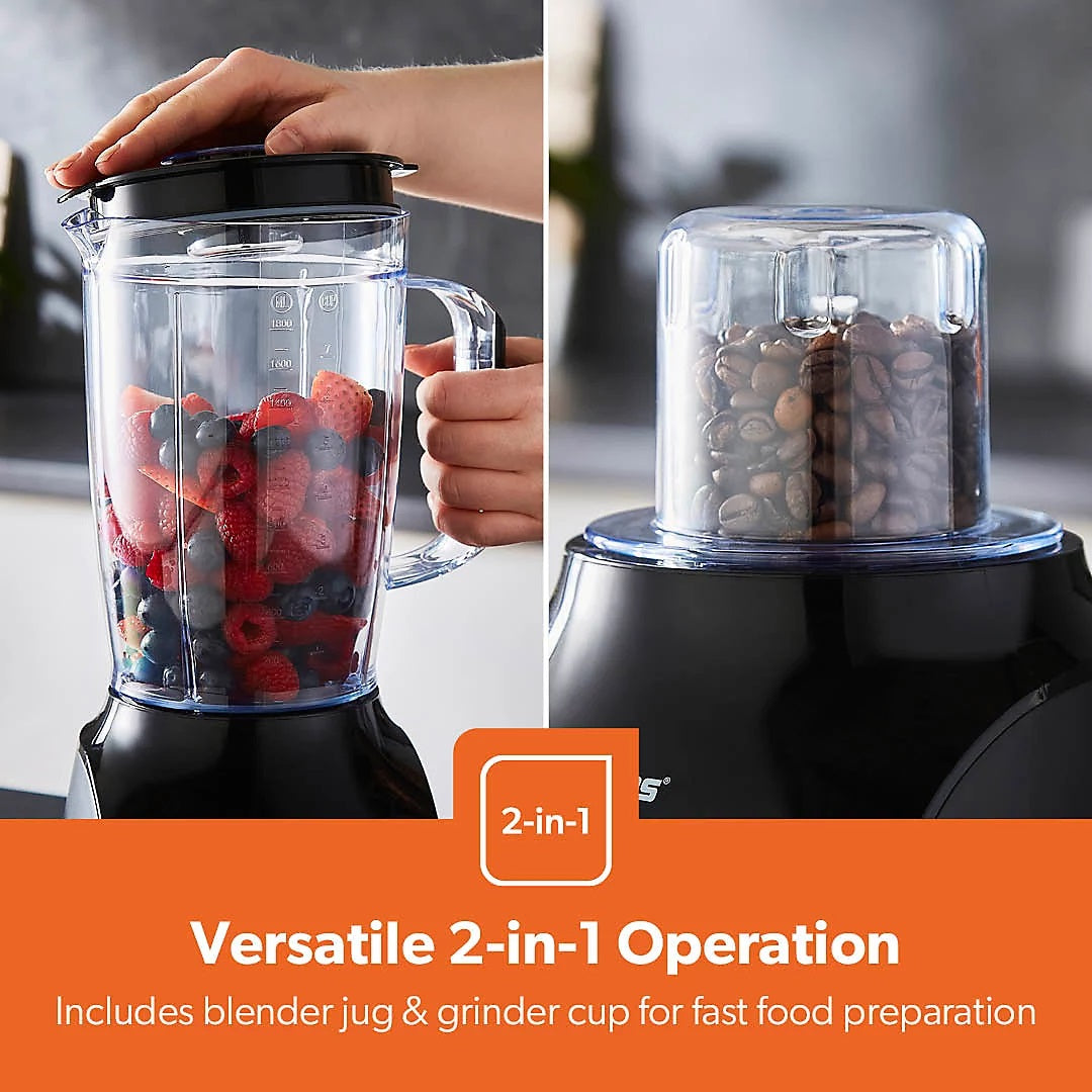 Geepas 2-in-1 Jug Blender and Grinder Black 1.8Ltr GSB44109UK-BK | 3 Speed Control with Pulse Function | Stainless Steel Blades