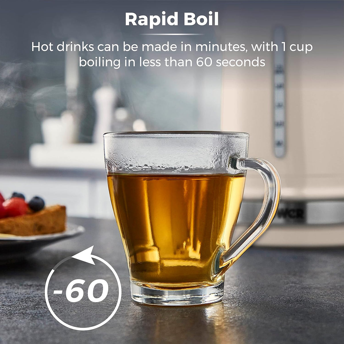 Tower Tower Belle Rapid Boil Kettle Chantilly Cream 1.5Ltr T10049CHA | 3KW Rapid Boil Technology - Boils 1 Cup in Under 60 Seconds | Perfect Pour Spout | 360 Degree Swivel Base | Fast Boil 1 Cup in under 60 Secs