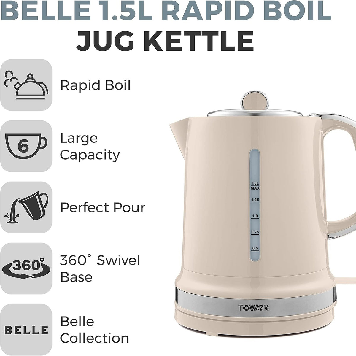 Tower Tower Belle Rapid Boil Kettle Chantilly Cream 1.5Ltr T10049CHA | 3KW Rapid Boil Technology - Boils 1 Cup in Under 60 Seconds | Perfect Pour Spout | 360 Degree Swivel Base | Fast Boil 1 Cup in under 60 Secs