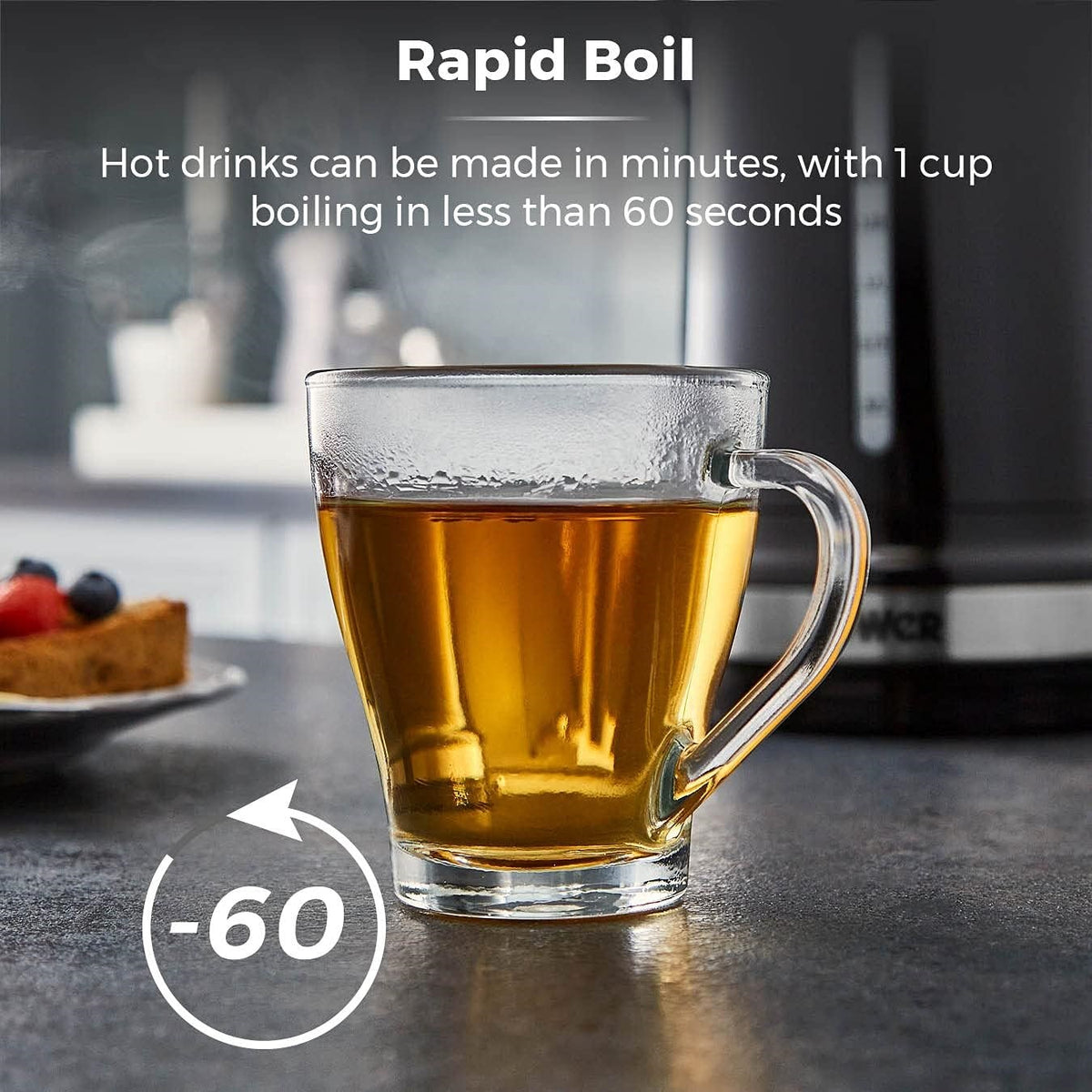 Tower Tower Belle Rapid Boil Kettle Noir 1.5Ltr T10049NOR | 3KW Rapid Boil Technology - Boils 1 Cup in Under 60 Seconds | Perfect Pour Spout | 360 Degree Swivel Base | Fast Boil 1 Cup in under 60 Secs