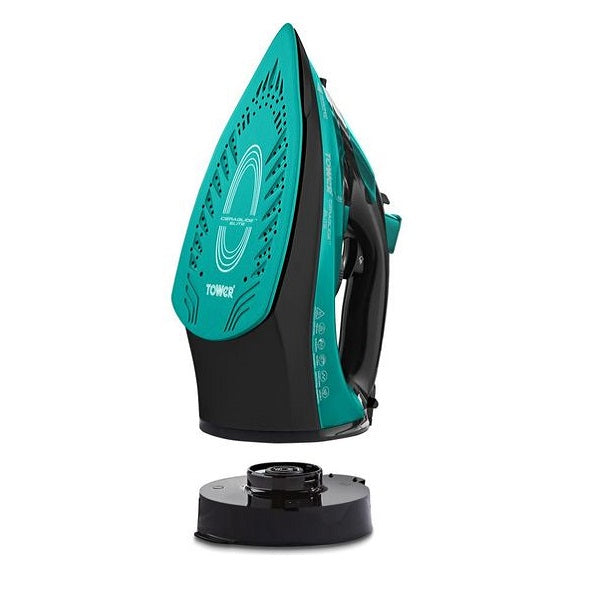 Tower Ceraglide 2-in-1 Cord-Cordless Steam Iron Teal 2800W T22022TL | 200g Powerful Steam Boost | Anti-Calc and Self-Clean Function | Vertical Steam and Spray Function | Orbit 360 Degree Easy Dock | 2.5 Mtr Extra-Long Power Cord | Two Irons in One - Use