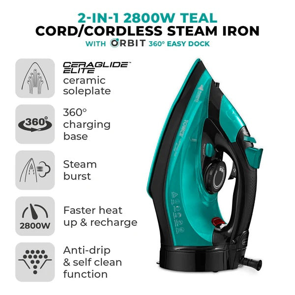 Tower Ceraglide 2-in-1 Cord-Cordless Steam Iron Teal 2800W T22022TL | 200g Powerful Steam Boost | Anti-Calc and Self-Clean Function | Vertical Steam and Spray Function | Orbit 360 Degree Easy Dock | 2.5 Mtr Extra-Long Power Cord | Two Irons in One - Use