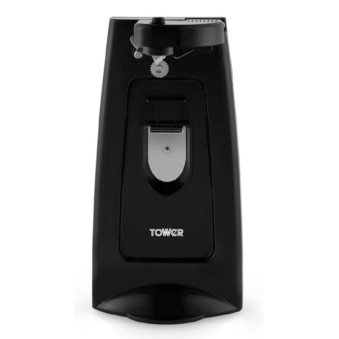 Tower 3-in-1 Electric Can Opener Black H23cm x W12cm x D13cm T19007 | Opens most Can Sizes | Built-in Knife Sharpener and Bottle Opener | Hidden Cord Storage