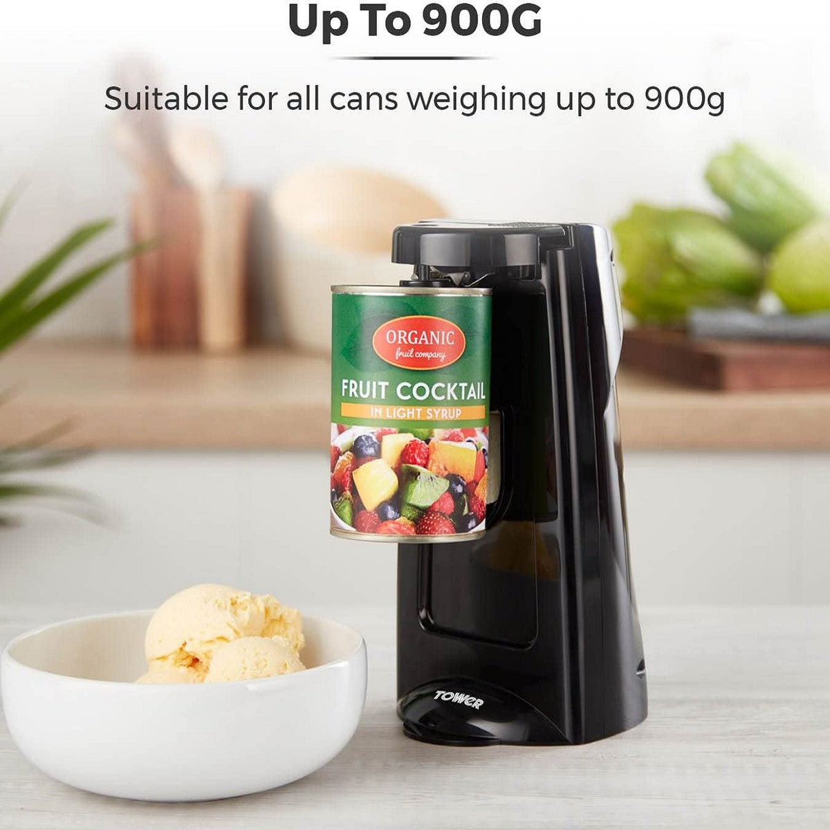 Tower 3-in-1 Electric Can Opener Black H23cm x W12cm x D13cm T19007 | Opens most Can Sizes | Built-in Knife Sharpener and Bottle Opener | Hidden Cord Storage