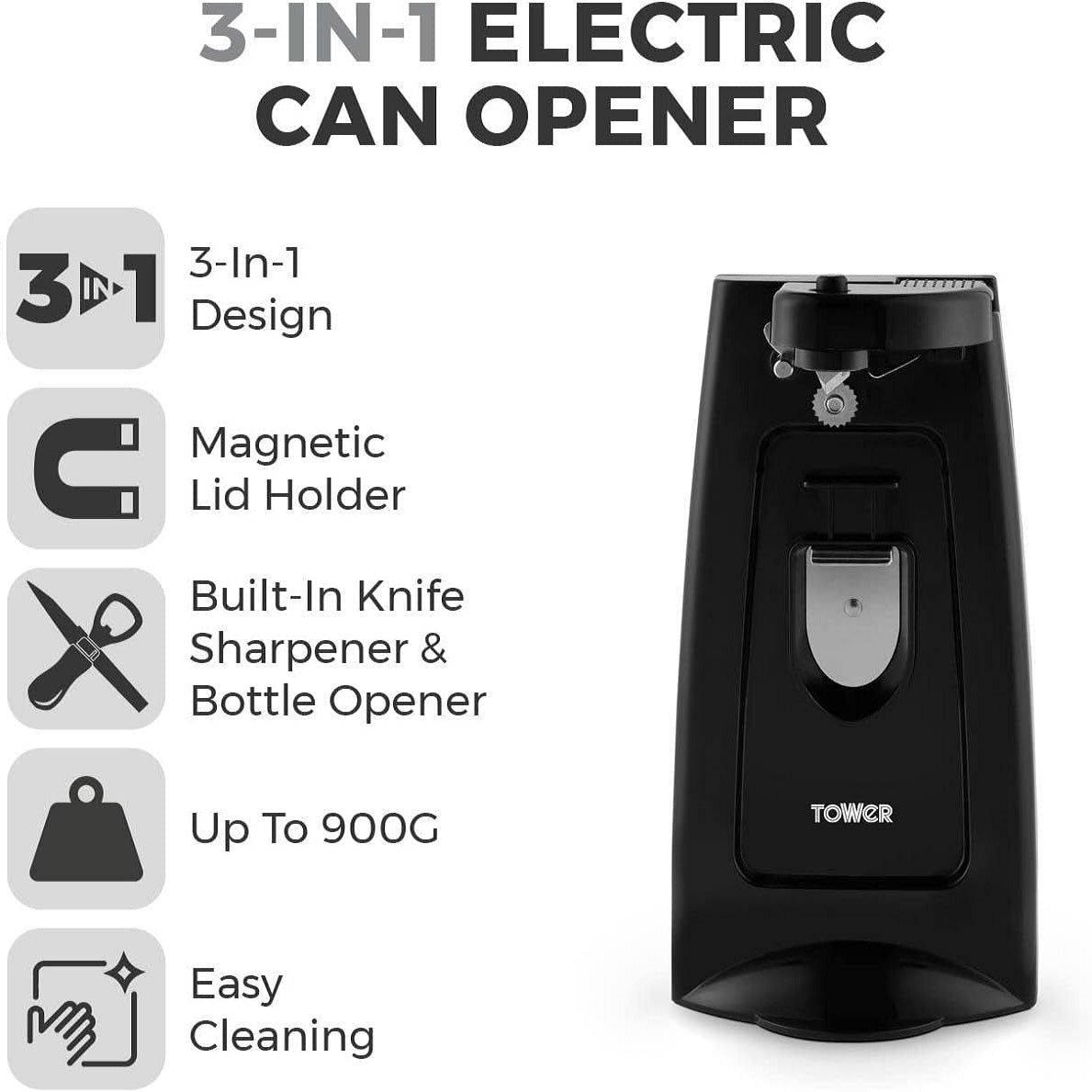 Tower 3-in-1 Electric Can Opener Black H23cm x W12cm x D13cm T19007 | Opens most Can Sizes | Built-in Knife Sharpener and Bottle Opener | Hidden Cord Storage