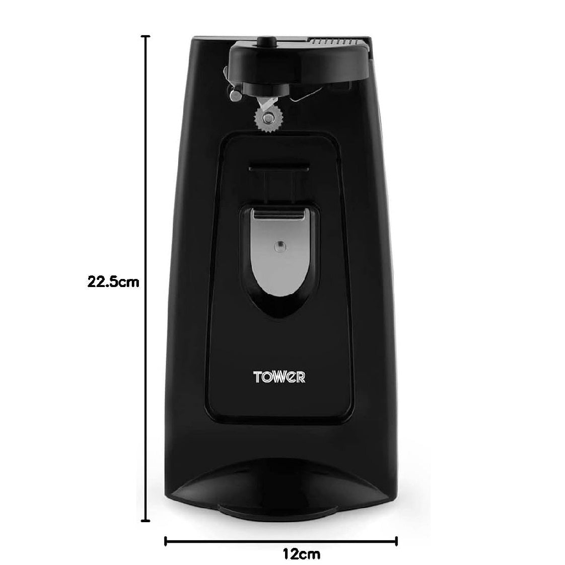 Tower 3-in-1 Electric Can Opener Black H23cm x W12cm x D13cm T19007 | Opens most Can Sizes | Built-in Knife Sharpener and Bottle Opener | Hidden Cord Storage