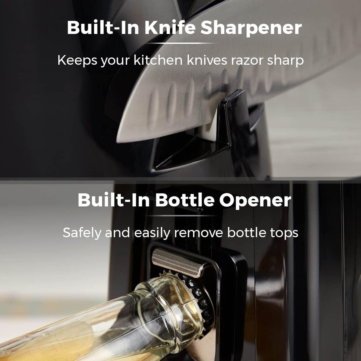Tower 3-in-1 Electric Can Opener Black H23cm x W12cm x D13cm T19007 | Opens most Can Sizes | Built-in Knife Sharpener and Bottle Opener | Hidden Cord Storage