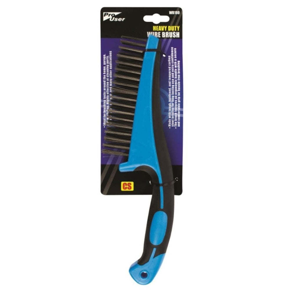 Pro User Heavy Duty Wire Brush Blue and Black WB180 | Tempered Carbon Steel Bristles | Ergonomic Soft Grip Handle | Ideal for Rust-Paint and Surface Cleaning | Perfect for Home-Garage and Workshop