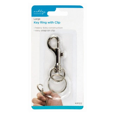 Ashley Housewares Key Ring with Clip Large Chrome KR102 | Heavy Duty Construction | Easy Snap-On Clip | For Keys-Bags and Accessories