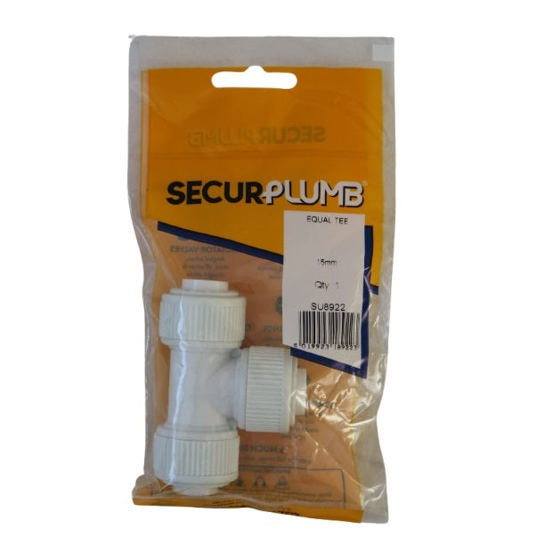 SecurPlumb Push Fit Equal Tee White 15mm SU8922 | Plastic Plumbing Fitting | Easy to Install | Connector for Water Pipes