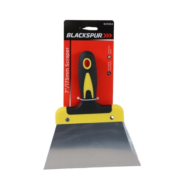 Blackspur Stainless Steel Scraper Yellow and Black 175mm SCR354 | Heavy Duty Putty Knife with Soft Grip Handle | Corrosion Resistant | Stainless Steel Material Will Stop Rusting of The Blade